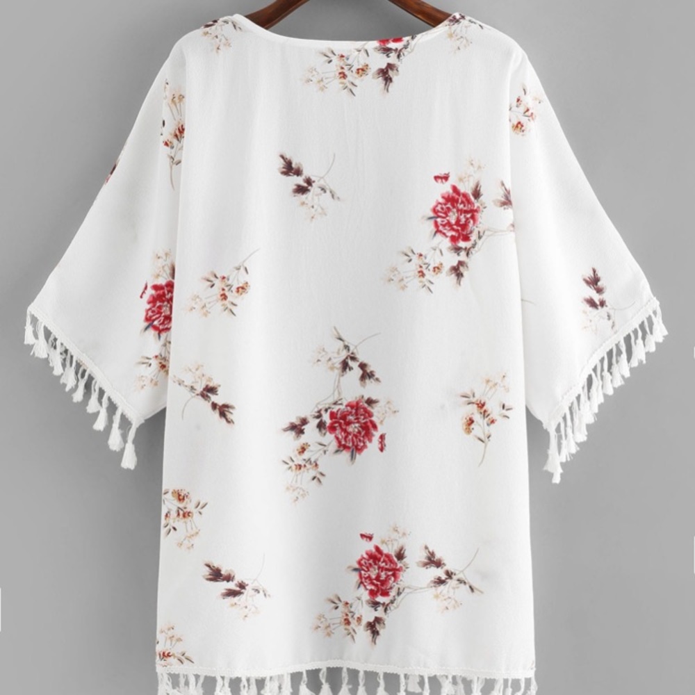 Fringe-trim Floral Kimono - Picture 2 of 3